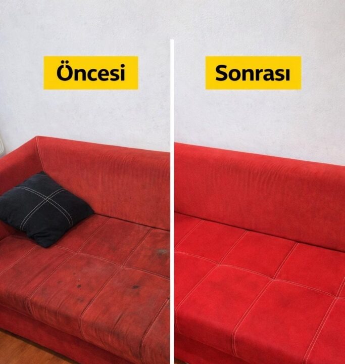 Kırmızı koltuk yıkama öncesi sonrası